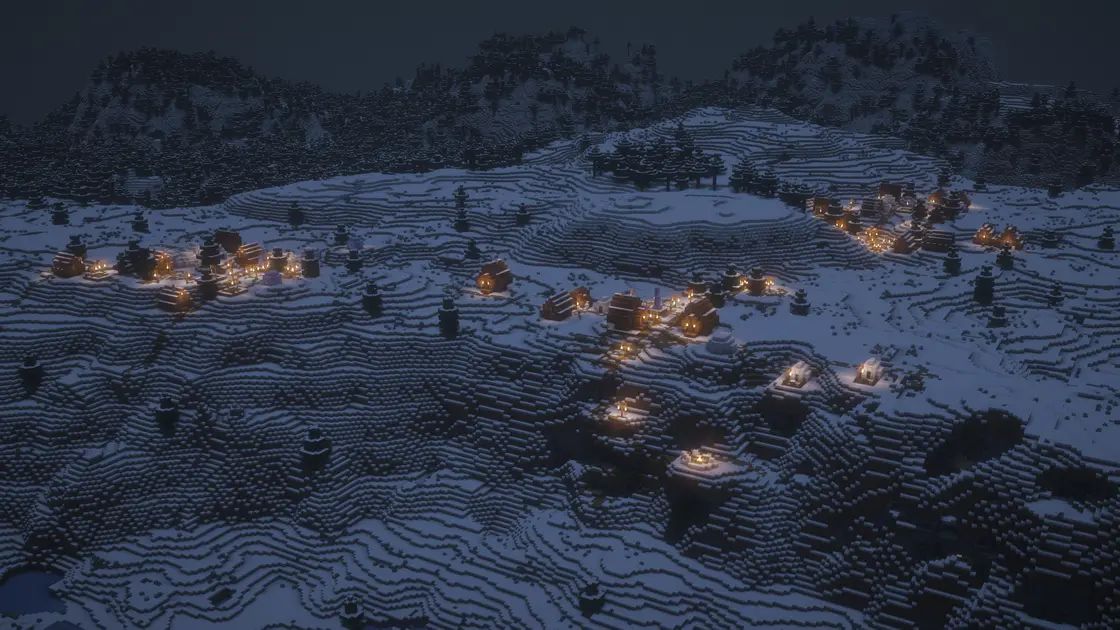 Seed d'hiver de Noël : trois villages enneigés surplombant le biome Ice Spikes