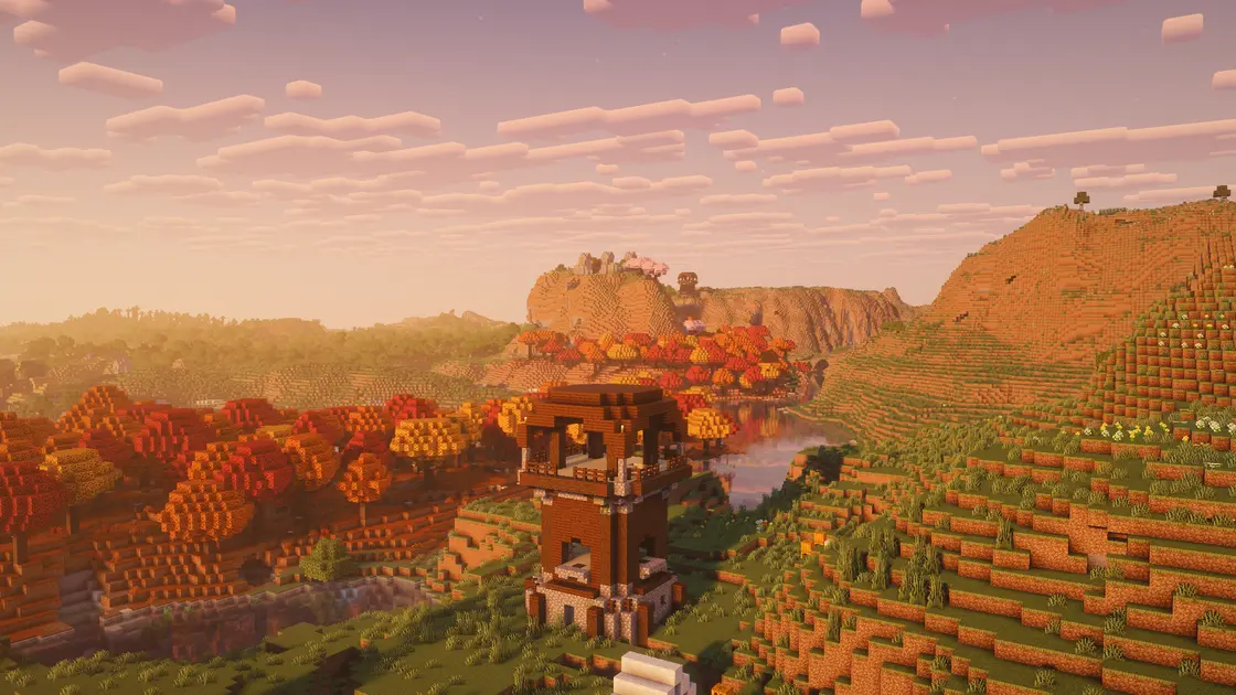 Village sur une montagne entouré de Dappled Forest juste au spawn