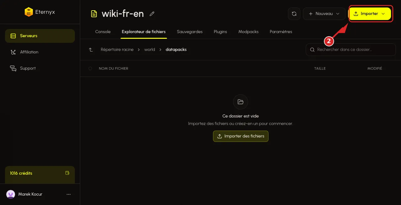 Dossier world/datapacks dans Explorateur de fichiers