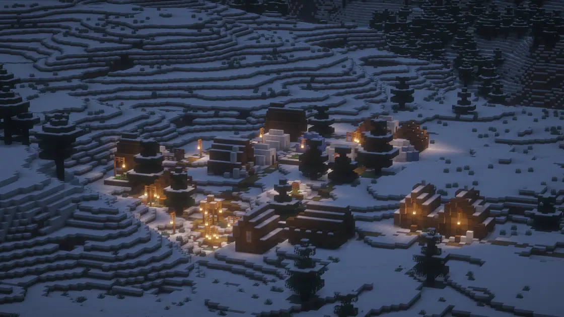 Seed d'hiver de Noël : trois villages enneigés surplombant le biome Ice Spikes