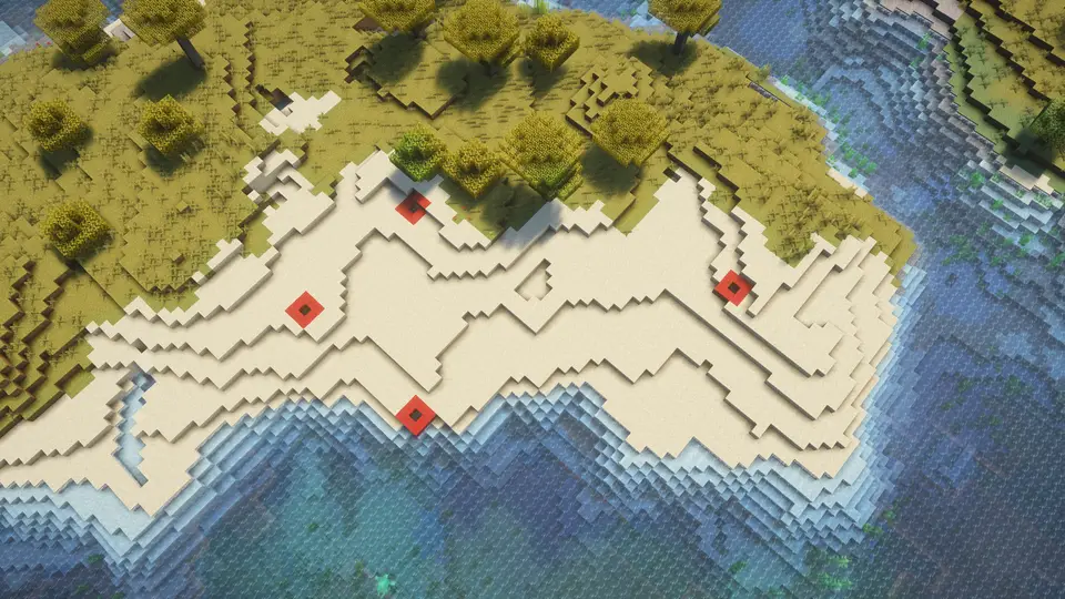 Capture d’écran de la seed Spawn près de quatre buried treasure avec armure en fer et outils en diamant