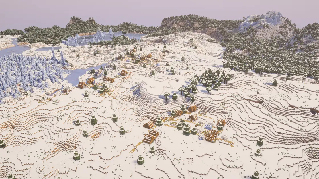 Seed d'hiver de Noël : trois villages enneigés surplombant le biome Ice Spikes