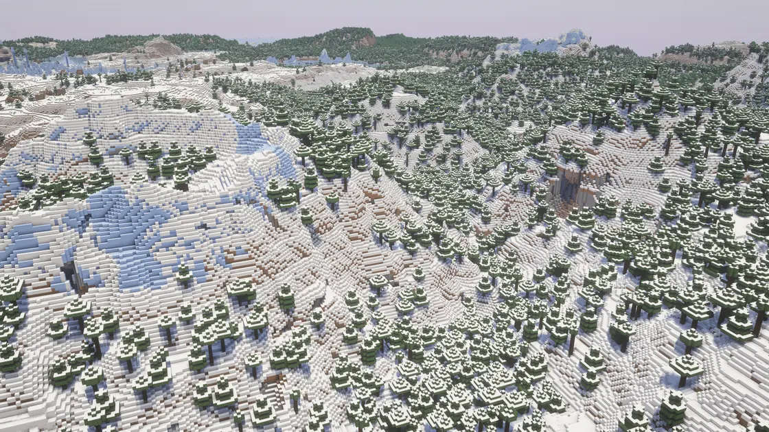 Seed d'hiver de Noël : trois villages enneigés surplombant le biome Ice Spikes