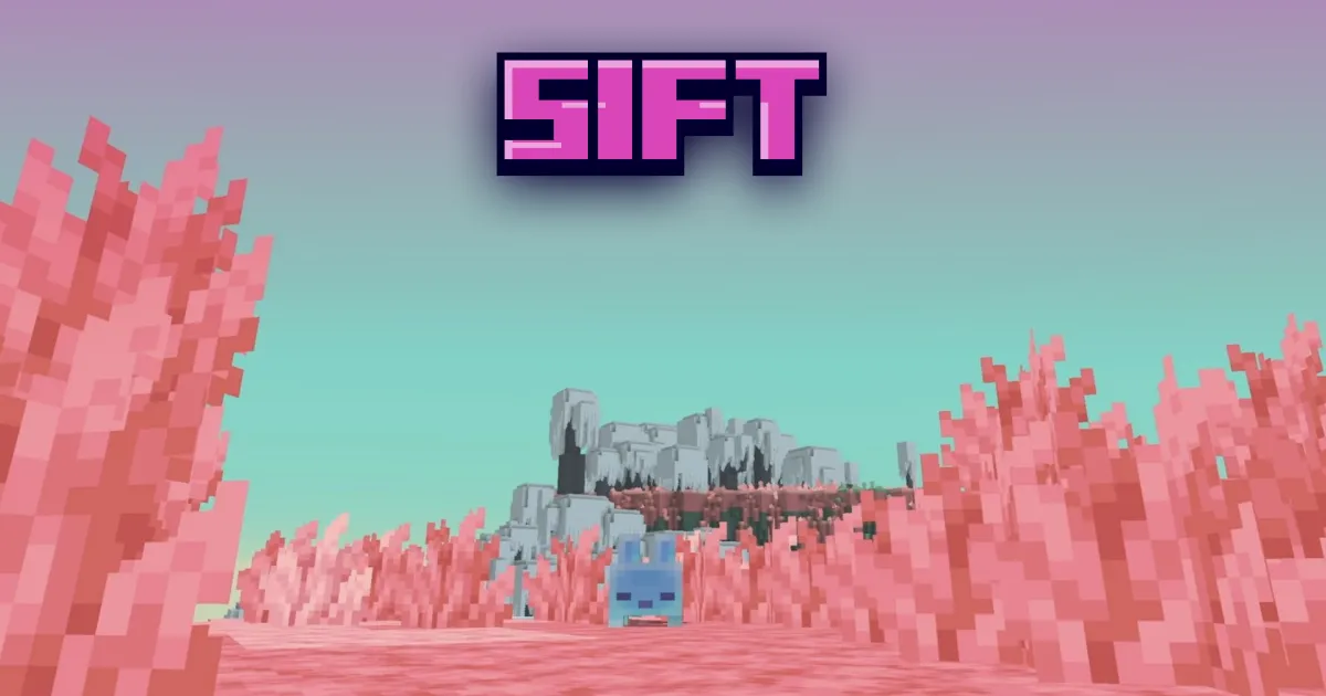 Nouvelle dimension Sift dans Minecraft: paysage rose avec l'inscription SIFT et un mob bleu, Minecraft LIVE
