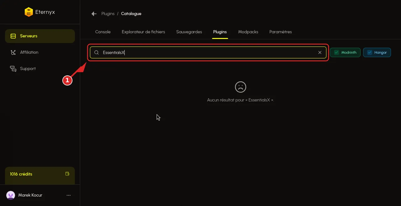 Recherche EssentialsX dans l'onglet Plugins