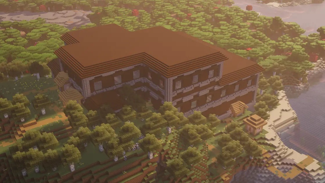 Woodland Mansion avec un village à l'intérieur juste au spawn