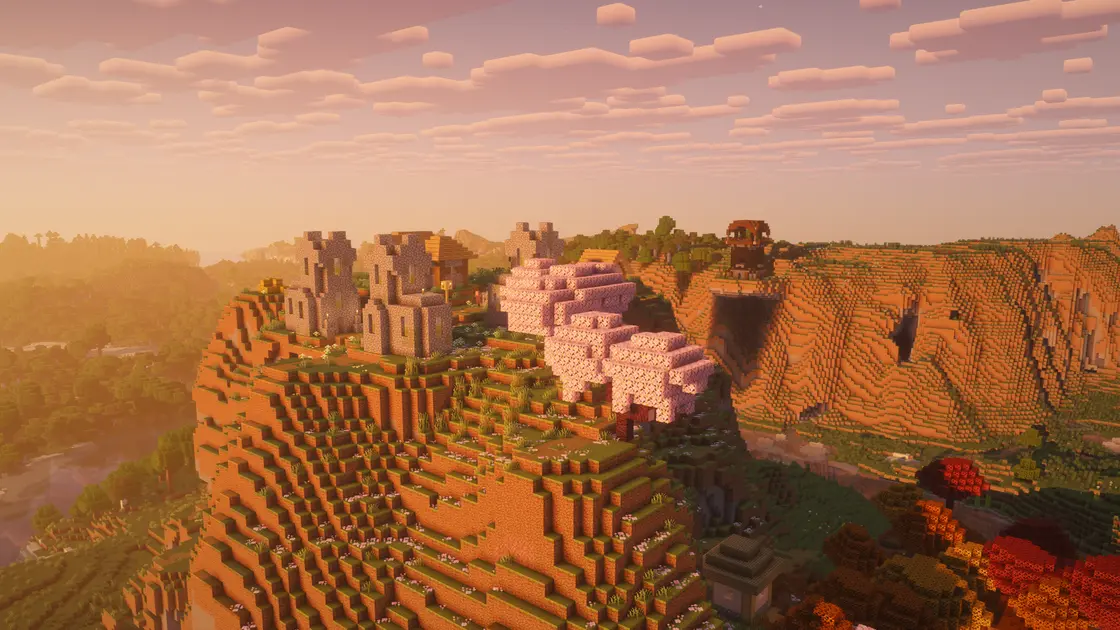 Village sur une montagne entouré de Dappled Forest juste au spawn