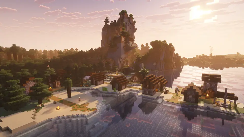 Capture d’écran de la seed Village Spruce sur une plage avec équipement de départ juste au spawn
