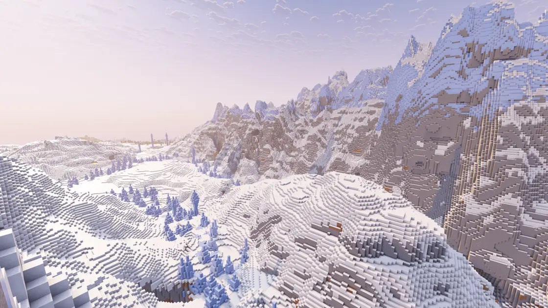 Spawn entre d'immenses montagnes enneigées avec biomes de glace