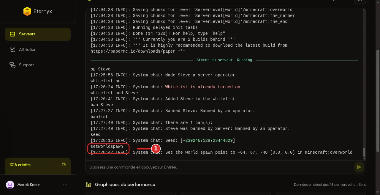 Console prête pour les commandes spawn