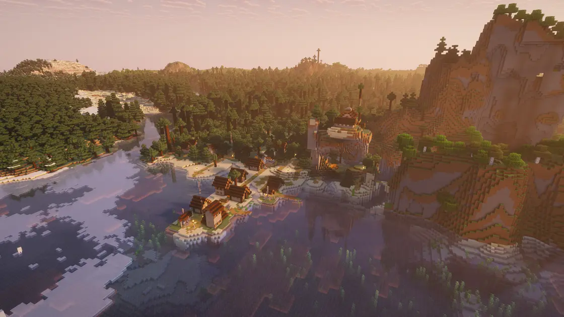 Village Spruce sur une plage avec équipement de départ juste au spawn