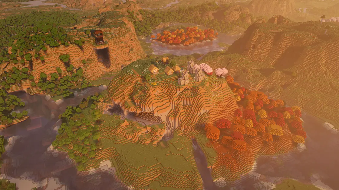 Village sur une montagne entouré de Dappled Forest juste au spawn