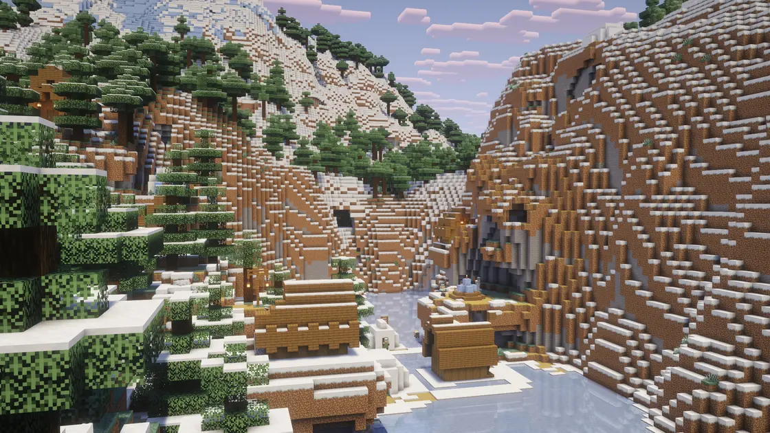Seed d'hiver de Noël : trois villages enneigés surplombant le biome Ice Spikes
