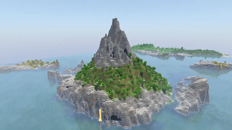 Capture d’écran de la seed Île formée d'une seule montagne entourée de forêts denses