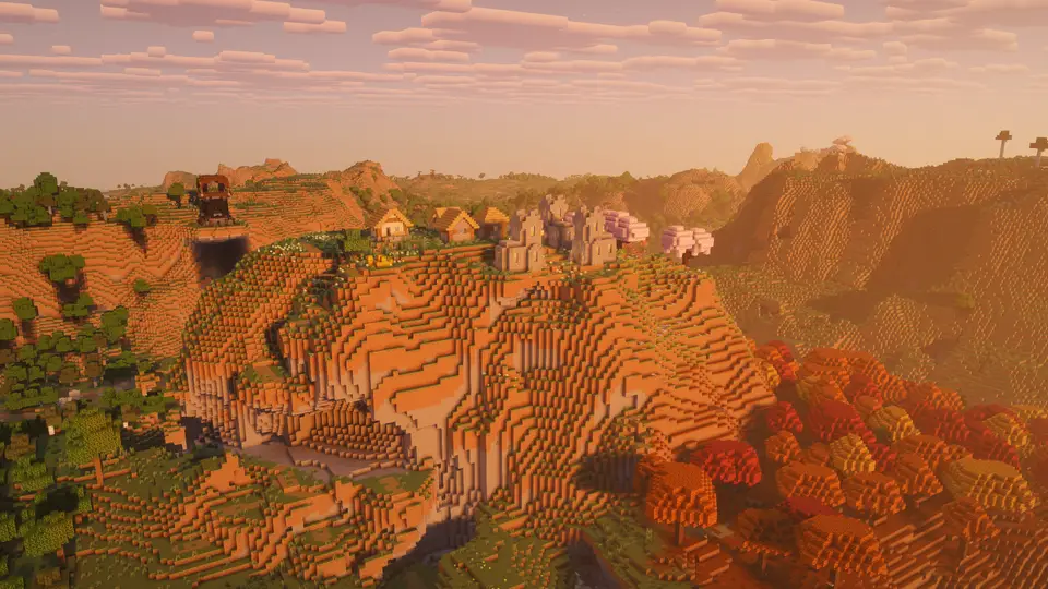 Capture d’écran de la seed Village sur une montagne entouré de Dappled Forest juste au spawn