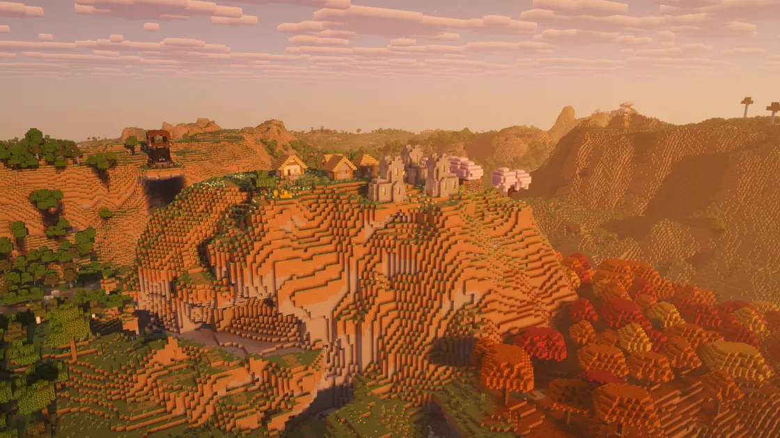 Village sur une montagne entouré de Dappled Forest juste au spawn