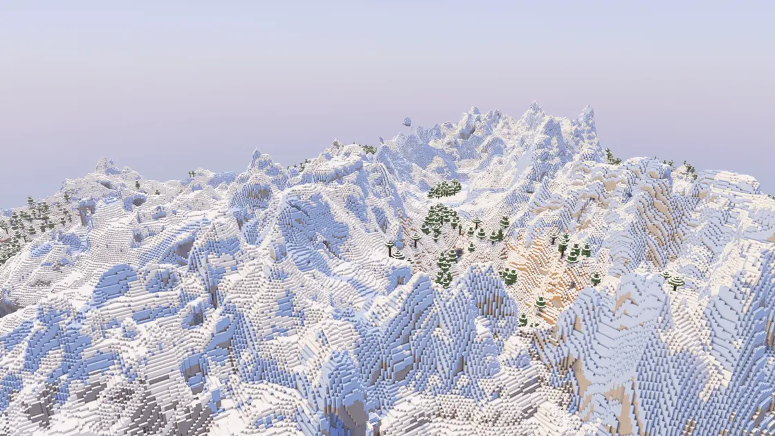 Spawn entre d'immenses montagnes enneigées avec biomes de glace