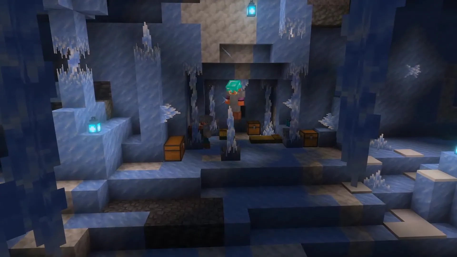 Base dans les Ice Caves avec cristaux de glace, soul lanterns et joueur en casque diamond