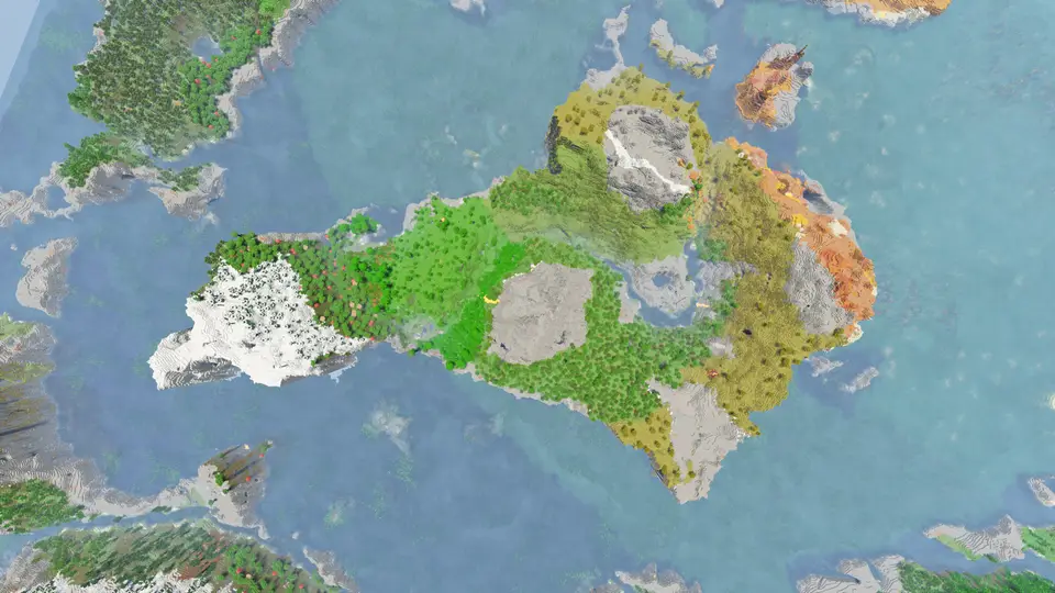 Capture d’écran de la seed Île riche en biomes avec un beau terrain pour le survival