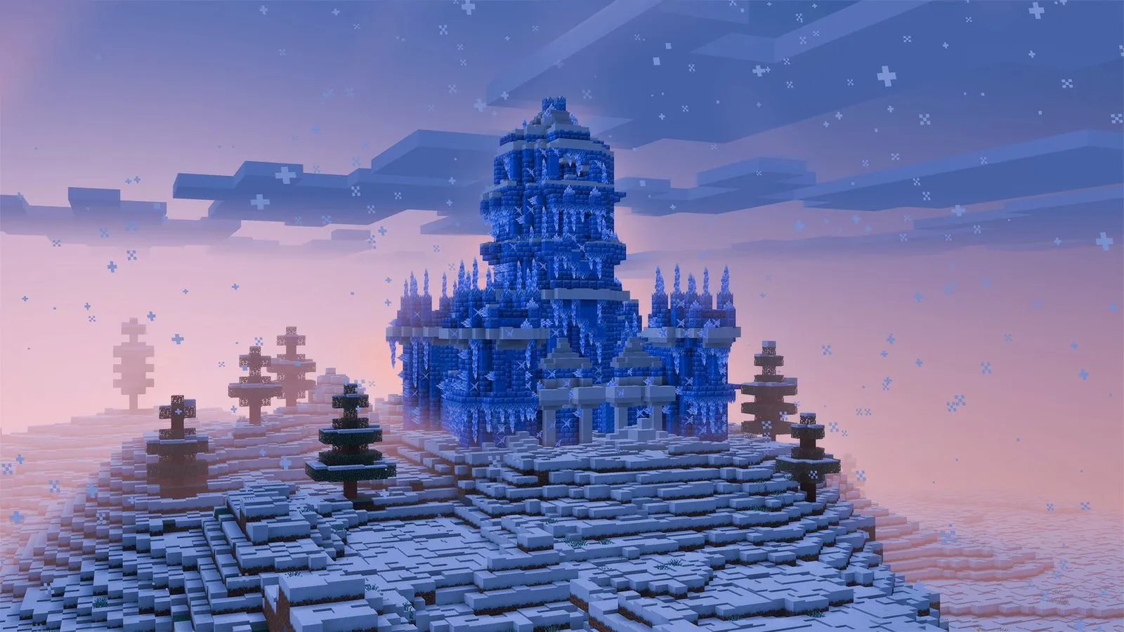 Château de glace bleu construit en Packed Ice Bricks sur une colline enneigée