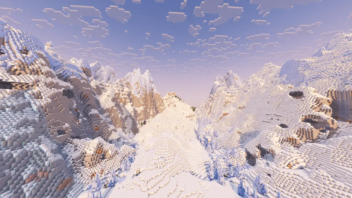 Spawn entre d'immenses montagnes enneigées avec biomes de glace