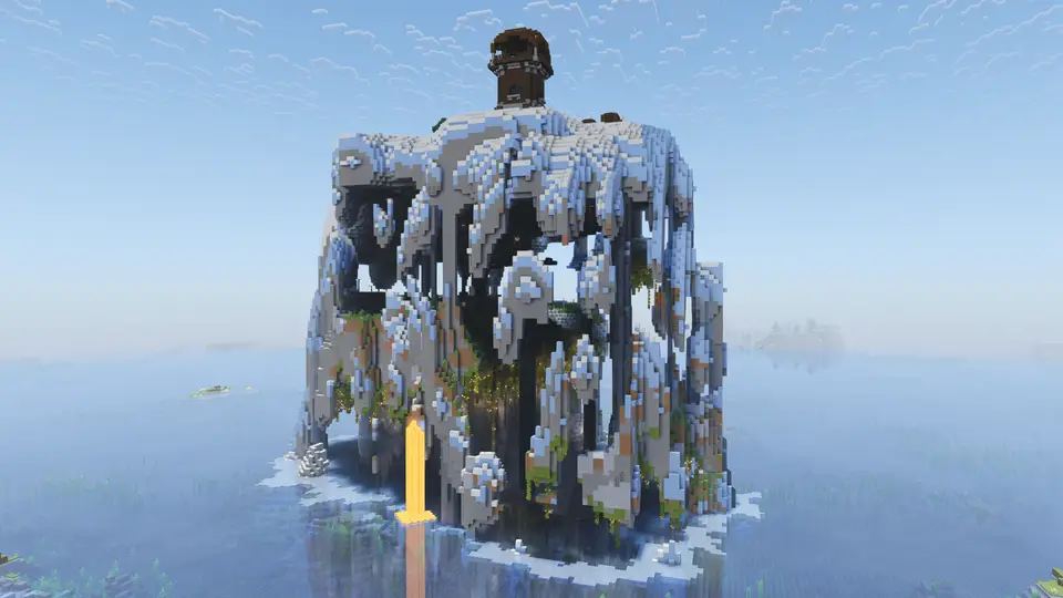 Capture d’écran de la seed Île creuse aux formes étranges avec Pillager Outpost au sommet