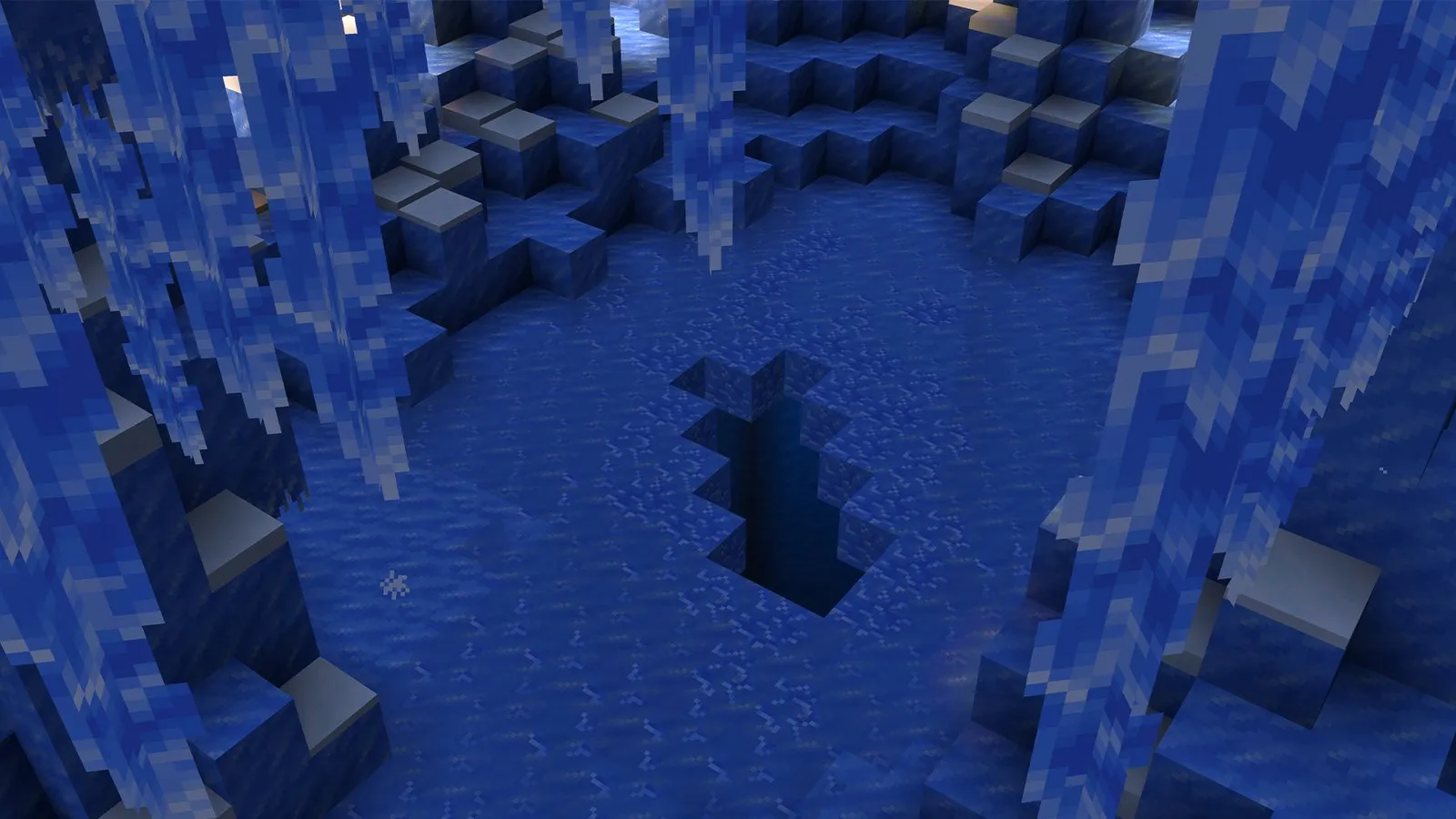 Une crevasse étroite dans la glace au milieu d'une Ice Cave dans Minecraft