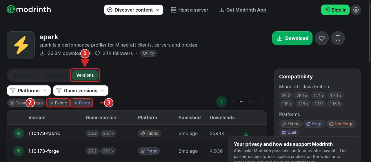 Versions Spark sur Modrinth