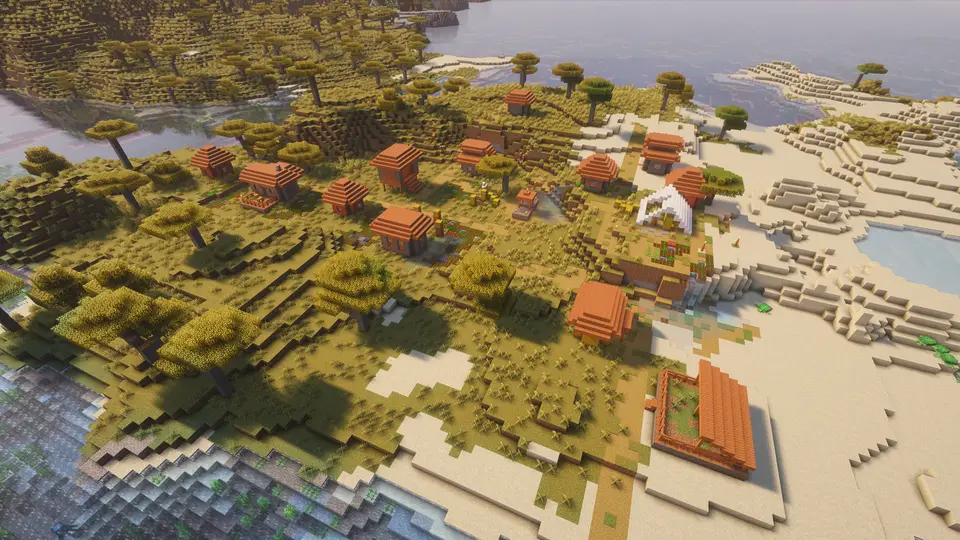 Capture d’écran de la seed Village, Pillager Outpost, Mineshaft et Trial Chambers juste au spawn
