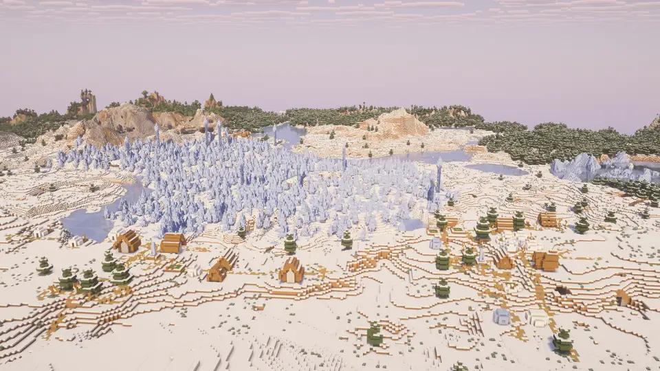 Capture d’écran de la seed Seed d'hiver de Noël : trois villages enneigés surplombant le biome Ice Spikes