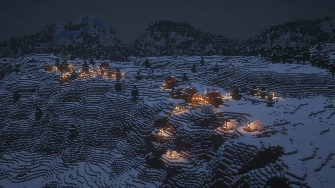 Seed d'hiver de Noël : trois villages enneigés surplombant le biome Ice Spikes